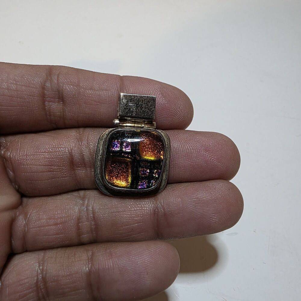 Vintage Sterling Silver 925 Dichroic Glass Square Pendant Weighs 11 Grams